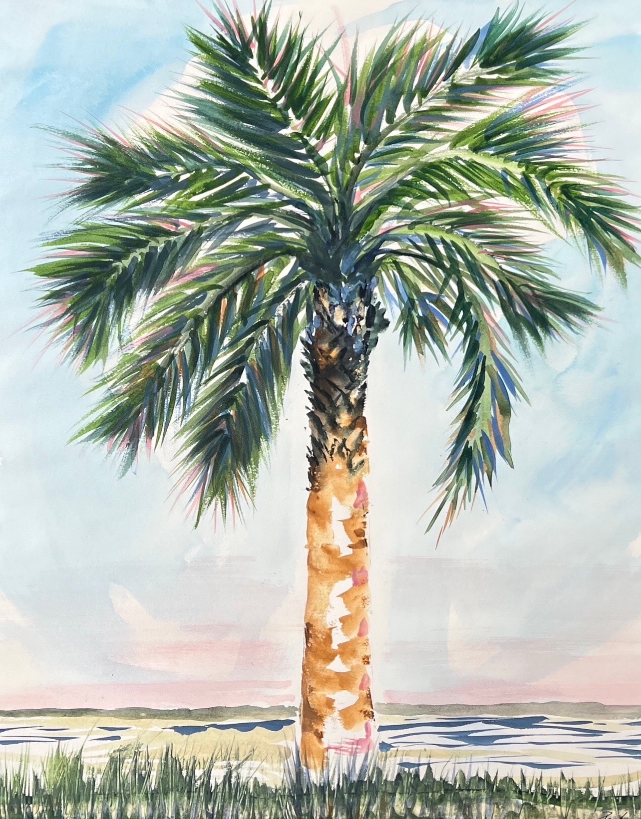Tall palm tree over coastal marsh